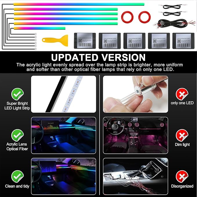 Dreamcolor Acrylic Interior Car LED Strip Light with Wireless APP, RGB 6 in 1 with 175 inches 593 LEDs Fiber Optic Strip Lights for Car, Dynamic Chasing Music Sync Neon Car Ambient Lighting Kits - Image 5