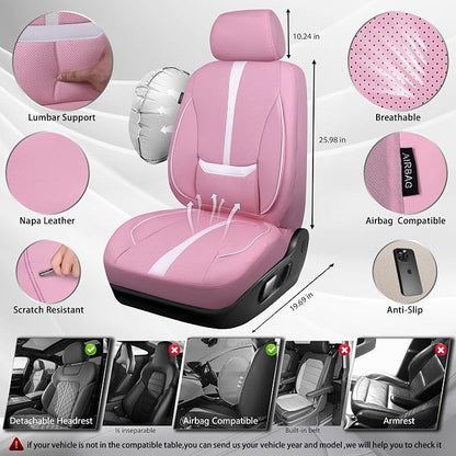 CAR PASS Nappa Leather Car Seat Covers, Cute Girly Water Resistant 3D Foam Faux Leather Seat Covers, Lumbar Support Automotive Seat Covers 2 Front Seats, Universal Fit for Cars SUV, Cute Pink White - Image 4