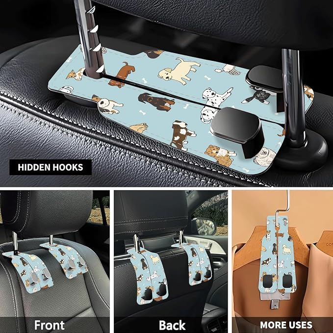 Car Seat Headrest Hook, Universal Leather Cute Hanger Holder Hook, Storage Organizer Interior Accessories for Purse Bags Handbag Cute Grey Dogs - Image 3