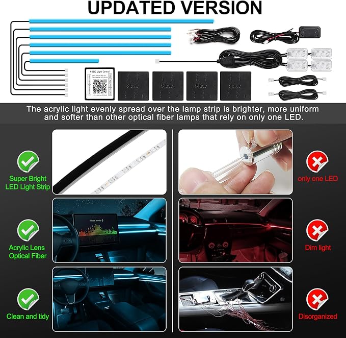 Acrylic Interior Car LED Strip Light with Wireless APP, RGB 10 in 1 with 175 inches 612 LEDs Fiber Optic Car Ambient Lighting Kits, Dynamic Music Sync Neon LED Strip Lights for Car - Image 6