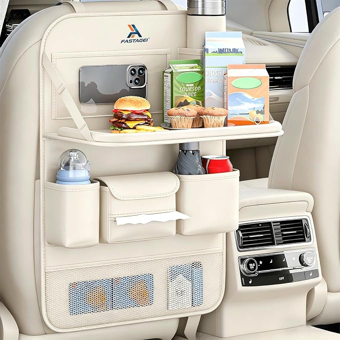 Universal Foldable Car Backseat Organizer with Table Tray, Car Seat Back Protector with Touch Screen Phone Holder, Premium Leather Kick Mats with Storage Pockets Tissue Holder (Beige) by FASTAGEI