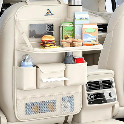 Universal Foldable Car Backseat Organizer with Table Tray, Car Seat Back Protector with Touch Screen Phone Holder, Premium Leather Kick Mats with Storage Pockets Tissue Holder (Beige) by FASTAGEI