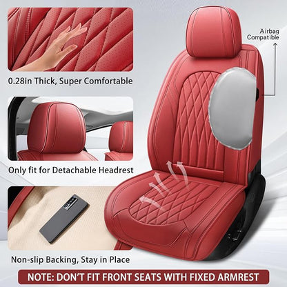 WELLDO Nappa Faux Leather Car Seat Covers Full Set, Burgundy | Waterproof, Non-Slip Seat Protector, 0.28in Thickened Cushion, Airbag Compatible, Universal for Cars SUV Truck Pickup - Image 3