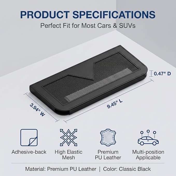 Car Seat Side Pocket Organizer, 9.45" x 3.94" Self-Adhesive Elastic Mesh Storage Pouch, PU Leather Car Interior Phone Cards Console Organizer, Universal for Most Cars SUVs (Black) - Image 2