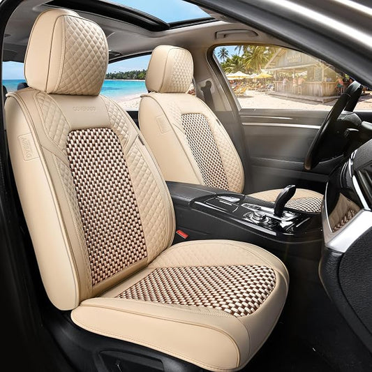 Coverado Seat Covers Full Set, 5 Seats Universal Seat Covers for Cars, Beige Car Seat Covers Front Seats Back Seat Cover, Breathable Car Seat Cushion, Leather Seat Cover Seat Protector Fit Most Cars by COVERADOAUTO