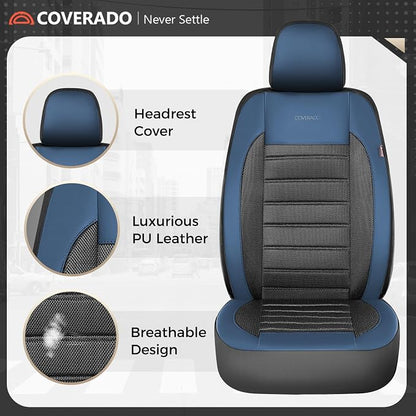 Coverado Car Seat Covers Full Set, Luxury Leather Car Seat Covers, Automotive Front and Rear Mesh Seat Covers, Full Set 5 Seats, Blue Black Seat Covers for SUV Sedan Truck - Image 7