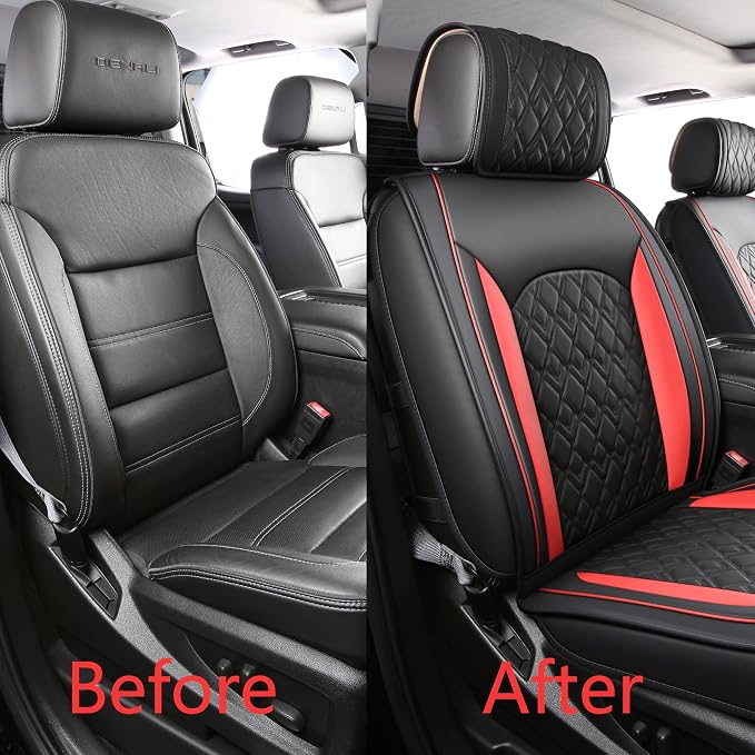 Chevy Silverado Seat Covers,Leather Seat Covers for GMC Sierra,Custom Fit 2007-2026 1500 2500HD 3500HD Crew Double Extended Regular Cab,LT LZT RST Trail Boss(Front Pair,Black Red) - Image 3
