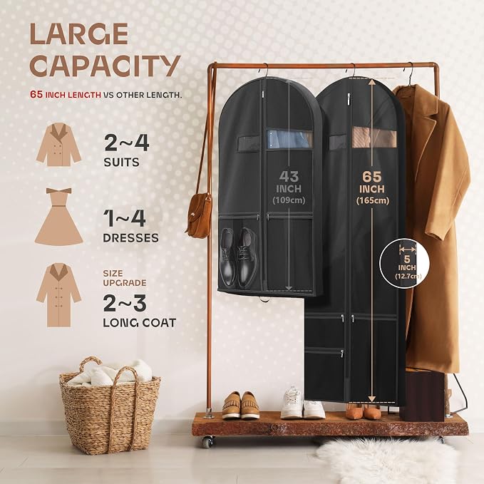 Lazebox 65" Travel Garment Bag with Accessories Zipper Pocket, Heavy Duty Suit Bag for Suits, Tuxedos, Dresses, Coats, Black, 1 pack - Image 2