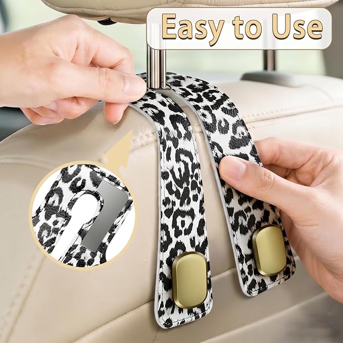 Car Hooks for Headrest: 2Pcs Car Headrest Hook with Leopard Leather | With Double Metal Hooks - Purse Hook For Car - Car Headrest Hooks - Car Bag Hooks for Purses, Handbags, Bags - White Leopard - Image 5