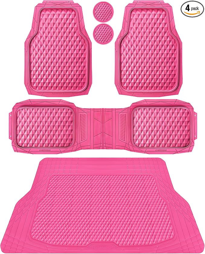 CAR PASS Heavy Duty Rubber Hot Pink Car Floor Mats & Cargo Liners, Deep Dish All-Weather Trunk Mats Durable Anti-Slip 3D Rhombus Waterproof Trim to Fit Liner Universal Fit Auto,Sedan,SUV,Truck, Pink by CARPASS