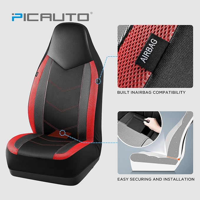 PIC AUTO Leather Car Seat Covers, Sports Carbon Fiber & Mesh Design, High-Back Two Front Set, Waterproof Automotive Seat Covers, Airbag Compatible, Universal Fit for Most Cars (Black & Red) - Image 3