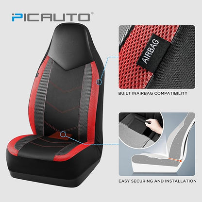 PIC AUTO Leather Car Seat Covers, Sports Carbon Fiber & Mesh Design, High-Back Two Front Set, Waterproof Automotive Seat Covers, Airbag Compatible, Universal Fit for Most Cars (Black & Red) - Image 3