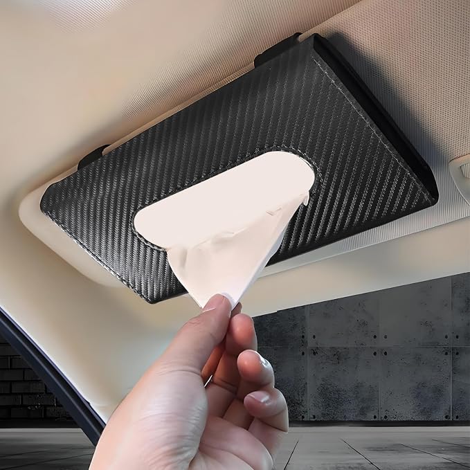 Car Tissue Holder, PU Leather Sun Visor Tissue Box (Carbon Fiber) | Wear-Resistant & Waterproof, Napkin & Mask Dispenser, Metal Memory Clips, Easy Refill, Fits Most Vehicles by Hbxdeco