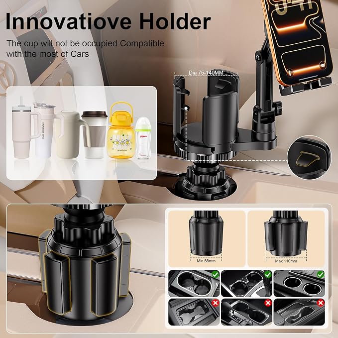 Tablet Holder for Car, 3 in1 Stable Cup Holder ipad Car Mount with Expander | Adjustable Base and Long Arm with 360°Rotation Phone ipad Holder for 4-12.9‘’ Tablet, All Smartphones and Most Bottles - Image 4