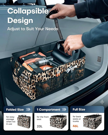 HOTOR Trunk Organizer - Foldable Car Organizer for SUVs & Sedans Storage | Sturdy Car Organization for Men & Women, Car Accessories, Tools, Sundries, Leopard, 2 Compartments, 21.3" x 12.6" x 10.6" - Image 5