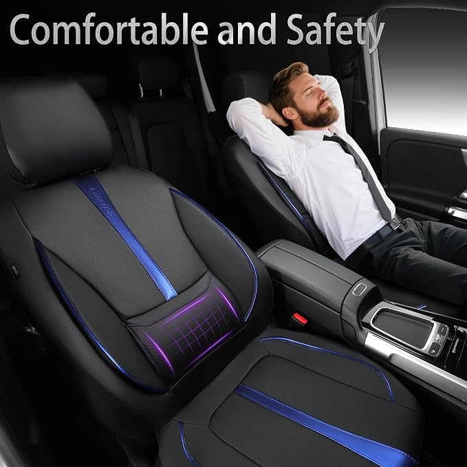CAR PASS Nappa Leather Two Front Car Seat Covers, Water Resistant Faux PU Leather Seat Covers, 3D Foam Support Automotive Seat Covers Comfortable & Durable Universal Fit for Cars SUV Truck, Black Blue - Image 2