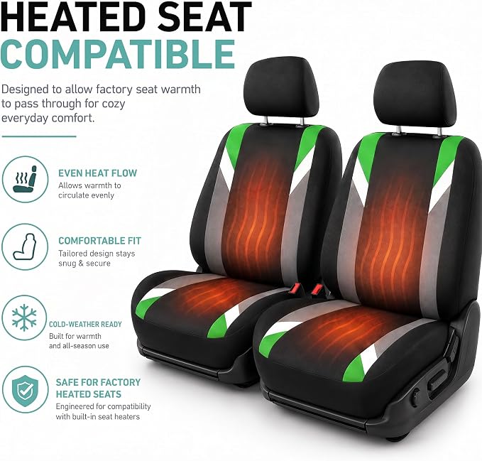 FH Group Front Set Cloth Car Seat Covers for Low Back Car Seats with Removable Headrest, Universal Fit, Airbag Compatible Seat Cover for SUV, Sedan, Van, Green - Image 5