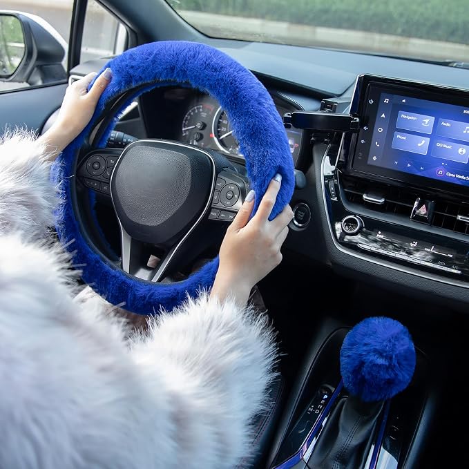 SEG Direct Furry Steering Wheel Cover, Fluffy Fuzzy Gear Shift Cover, Blue | Gear Shift Cover, 2 PCS Set, Soft and Warm, Cute Fur Auto Car Decor, Standard Size 14.5- 15 inch for Women Men - Image 5