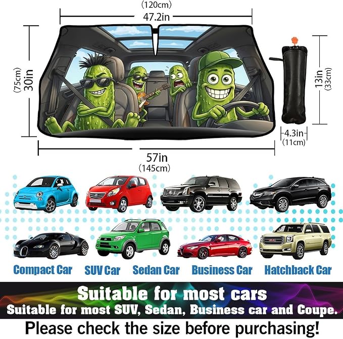 Socira Funny Pickle Car Windshield Sun Shade Umbrella Automotive Windshield Sunshade Foldable Front Car Accessories Interior Decor to Keep Vehicle Cool for Most Vehicles 57'' X 30'' - Image 3
