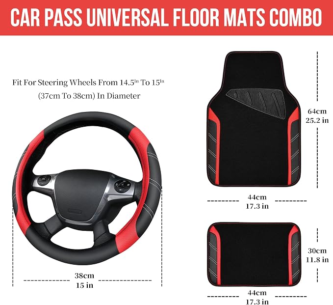 CAR PASS Leather Steering Wheel Cover and Waterproof Car Floor Mats,Microfiber Universal Car Combo Fit for 95% Sedan,SUV,Cars,14.5-15inch Sporty Anti-Slip Safety Comfortable Design(Black＆Red) - Image 2