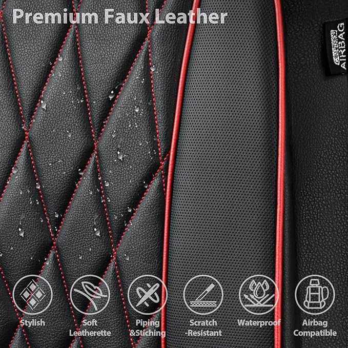 CAR PASS Piping Luxury PU Leather Two Front Car Seat Covers, Waterproof Anti Slip Seat Covers Compatible with Front Seat Armrests,Universal Fit for Suvs,Vans,Trucks,Airbag Compatible(Black and Red) - Image 4