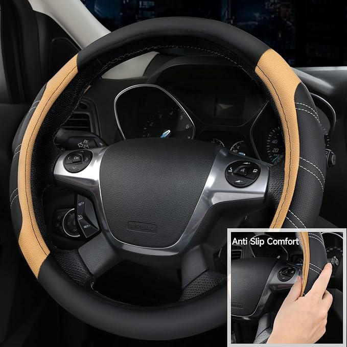 CAR PASS Microfiber Steering Wheel Cover and Waterproof Car Floor Mats,Leather Universal Car Combo Fit for 95% Truck,SUV,Cars,14.5-15inch Sporty Anti-Slip Safety Comfortable Design(Black and Beige) - Image 6