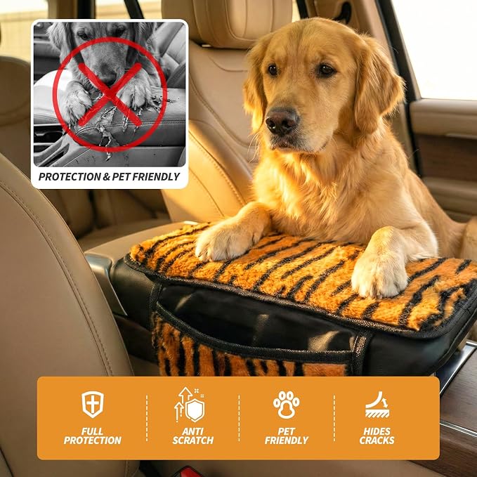 Plush Animal Print Car Center Console Cover with Side Pockets, Fluffy Armrest Cushion Pad.,Soft Car Interior Accessories with Storage for Women. Universal Fit for Vehicles SUV Truck (Tiger Print) - Image 6