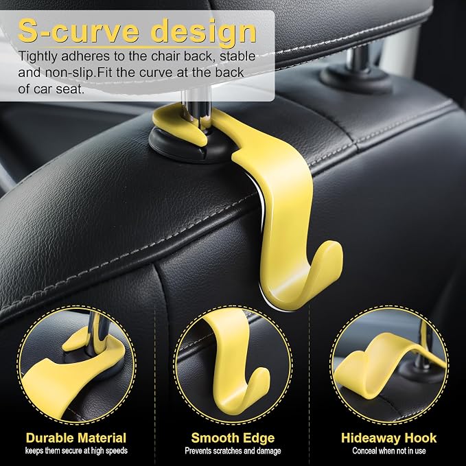 LivTee Car Seat Headrest Hook, Car Headrest Hidden Hook, 4 Pack Universal Auto Car Back Seat Hook Organizer for Purse Coat, Car Interior Accessories (Yellow) - Image 2