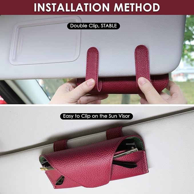 Magnetic Sunglass Holder for Car Visor, Leather Car Glasses Holder | Red Visor Accessories Eyeglasses Holder Glasses Storage Case - Image 2
