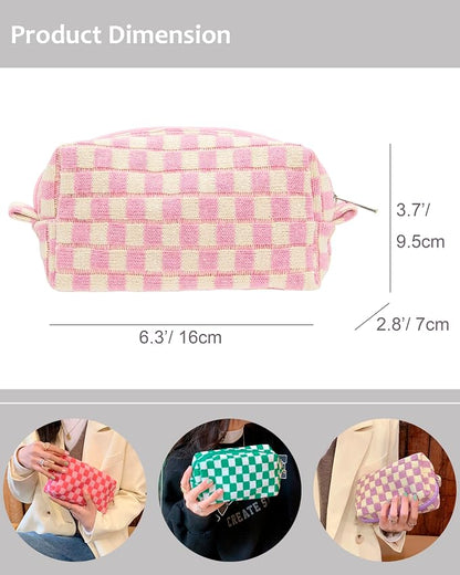 Checkered Makeup Bag for Purse, Small Travel Cosmetic Pouch,Pink Beige | Cute Zipper Makeup Organizer for Women, Travel Essentials, Toiletries, Makeup Brushes, Beauty Accessories&Bridesmaid Gifts - Image 4