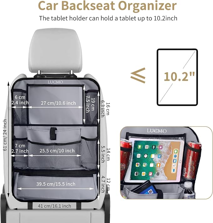 LUCMO Car Backseat Organizer with Touch Screen Tablet Holder, Grey | 2 Pcs,9 Storage Pockets,Clear Tablet Holder,Protectors Kick Mats,Travel Accessories,Seat Cover,Road Trip Essentials - Image 6