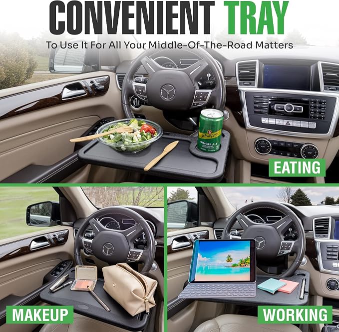 lebogner Steering Wheel Tray, Car Tray for Eating, Hook On Steering Wheel Desk for Food, Laptop and Car Accessories, Car Road Trip Must Haves Gadgets Car Table (Grey) - Image 2