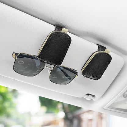 SINGARO Sunglasses Holder for Car, Leather Magnetic Buckle Sun Visor Sunglass Clip, Ticket Card Storage Glasses Clip, Car Interior Accessories for Men and Women（Black-Beige） - Image 2