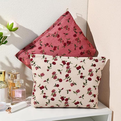 SOIDRAM 2 Pieces Rose Makeup Bag Large Corduroy Cosmetic Bag Capacity Canvas Travel Toiletry Bag Organizer Cute Makeup Brushes Aesthetic Accessories Storage Bag for Women, Rose L White Pink - Image 7