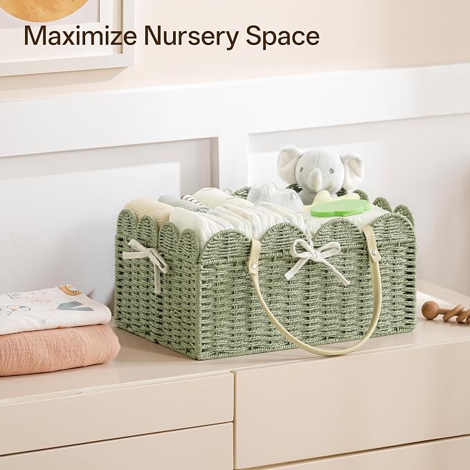 Angelhood Paper Rope Diaper Caddy, Scalloped Baskets with Removable Divider | Woven Floral Baby Diaper Organizer for Changing Table,Baby Shower Gifts,Portable Car Organizer for Diapers - Image 6