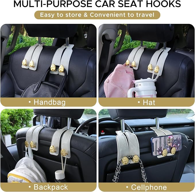 Leather Car Purse Hook for Headrest, 4 Pack (White-Gold) | Twin Hooks Headrest Hangers, 2/4 Pack, No-Slip, Scratch-Proof, Holds Purses, Backpacks, Grocery Bags, Car Organizer Gift - Image 7