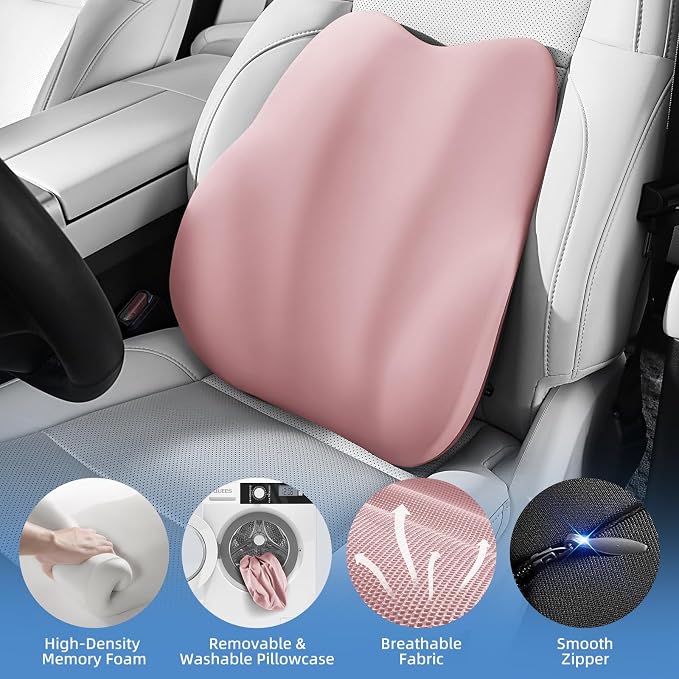 BEBAS Ergonomic Lumbar Support Pillow for Car, Memory Foam Car Back Cushion | Comfort Lumbar Pillow for Back Pain Relief, Breathable Washable Cover, Fits for Driving, Office, Wheelchair, Pink - Image 3