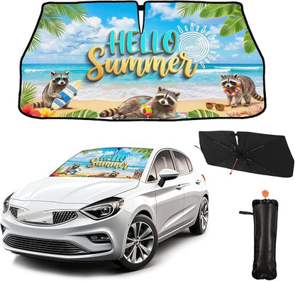 CHILL·TEK Funny Raccoon Car Windshield Sun Shade Umbrella Hawaiian Raccoon Car Sun Shade Umbrella Block UV Rays Heat Foldable Windshield Umbrella Sun Visor Protector - Keep Vehicle Cool for Cars SUV by CHILL%C2%B7TEK