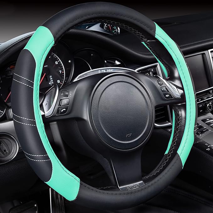 CAR PASS Line Rider Microfiber Leather Sporty Steering Wheel Cover Universal Fits for 95% Truck,SUV,Cars, 14.5-15 inch Anti-Slip Safety Comfortable Design (Black Mint Blue) by CARPASS
