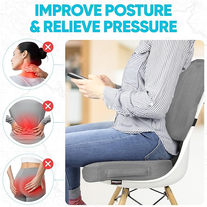 FORTEM Seat Cushion & Lumbar Support for Office Chair, Wheelchair, Car | Memory Foam | Ergonomic Design | Washable Cover | Non Slip | Grey - Image 5