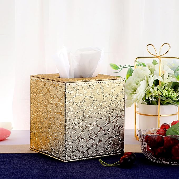 Sumnacon Square Leather Tissue Box Cover - Stylish Cube Tissue Box Holder with Magnetic Bottom, Decorative PU Tissue Box for Vanity Dresser Night Stand Table Countertop Home Office Car, Gold | Stylish Cube Tissue Box Decorative Tissue Covers for Vanity... - Image 7