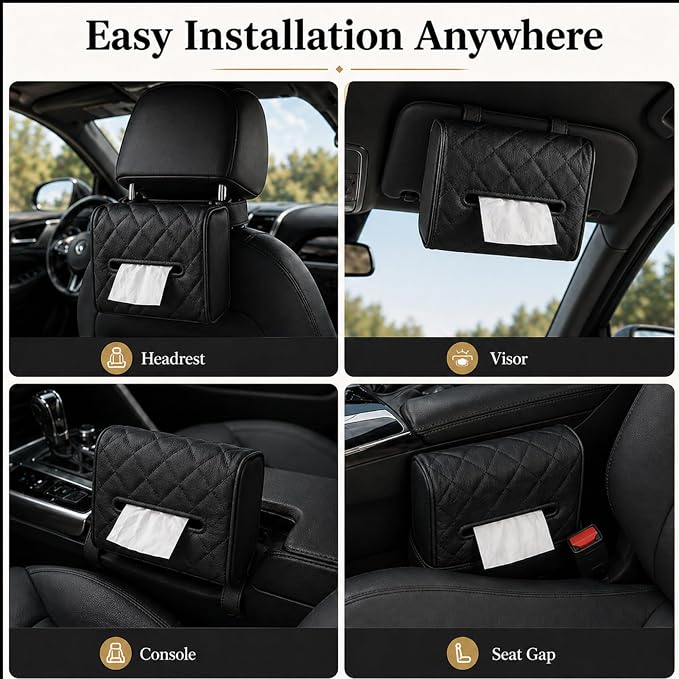 Luxury Quilted Car Tissue Holder – Headrest-Mounted Tissue Box for Cars, SUVs & Trucks – PU Leather Tissue Dispenser with Secure Strap – Easy One-Hand Access (Black) - Image 5