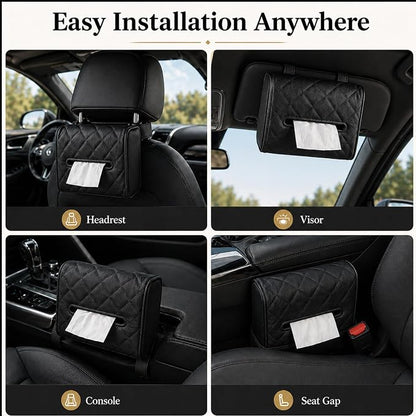 Luxury Quilted Car Tissue Holder – Headrest-Mounted Tissue Box for Cars, SUVs & Trucks – PU Leather Tissue Dispenser with Secure Strap – Easy One-Hand Access (Black) - Image 5