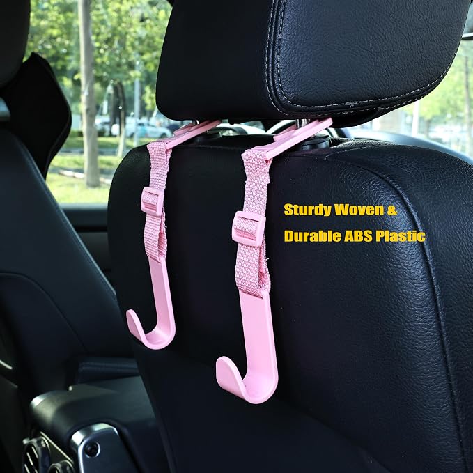 4-Pack Car Headrest Hooks, 40lb Load, Adjustable Car Hooks | Fits most headrest bars, Holds backpacks, umbrellas, water bottles, coats, purses, handbags, groceries, Pink - Image 7