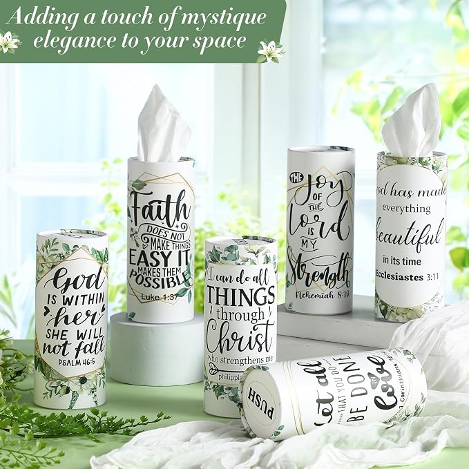 Outus 12 Pcs Greenery Christian Car Tissues Cylinder Holder with 3 Ply Facial Tissue Bulk Eucalyptus Leaves Religious Tissue Holder Travel Tissues Boxes Container for Home Wedding Party Supplies - Image 5