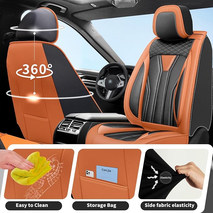 Fit Titan Car Seat Covers Premium Leather for Nissan Titan 2009-2023 2024. Waterproof， Breathable, Scratch-Resistant & All-Weather Seat Cushion Protector（2 Front Seats,Orange&Black - Image 4
