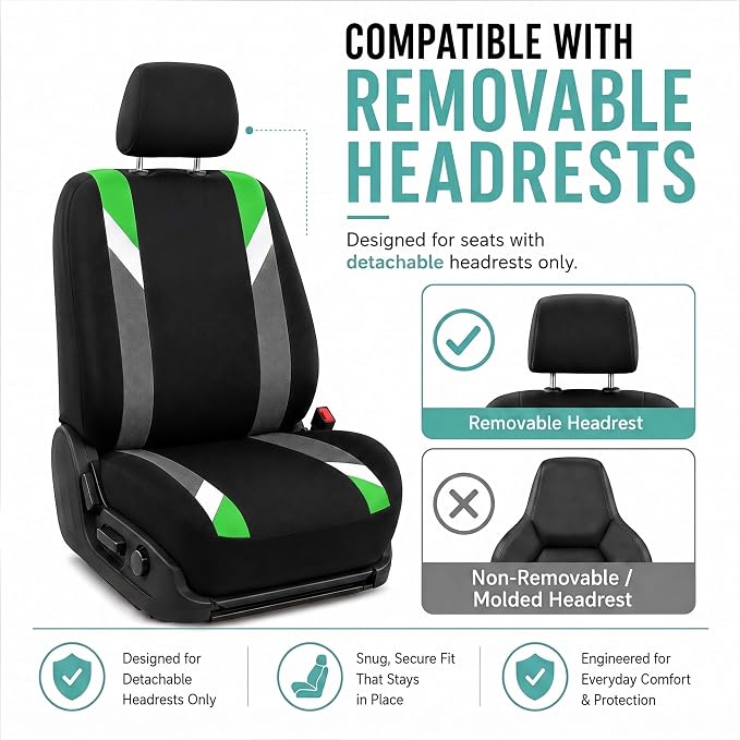 FH Group Front Set Cloth Car Seat Covers for Low Back Car Seats with Removable Headrest, Universal Fit, Airbag Compatible Seat Cover for SUV, Sedan, Van, Green - Image 2