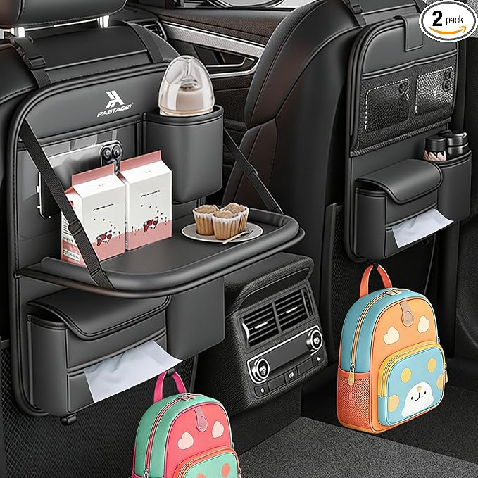 2 Pack Universal Premium Leather Foldable Car Backseat Organizer with Table Tray, Seat Back Protector with Touch Screen Pad Phone Holder, Car Storage Pockets Tissue Box with School Bags Hooks by FASTAGEI