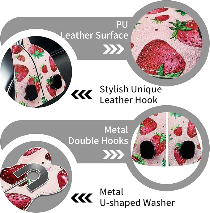 XIANGYUAN 2PCS PU Leather Car Seat Back Storage Headrest Hook,Purse Holder Bags Hanger,Women Car Accessories Organization(Pink strawberry) - Image 2