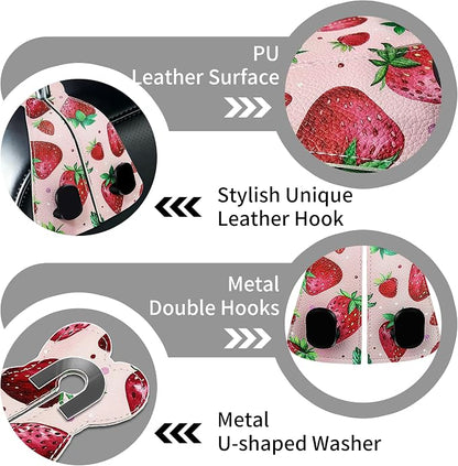 XIANGYUAN 2PCS PU Leather Car Seat Back Storage Headrest Hook,Purse Holder Bags Hanger,Women Car Accessories Organization(Pink strawberry) - Image 2